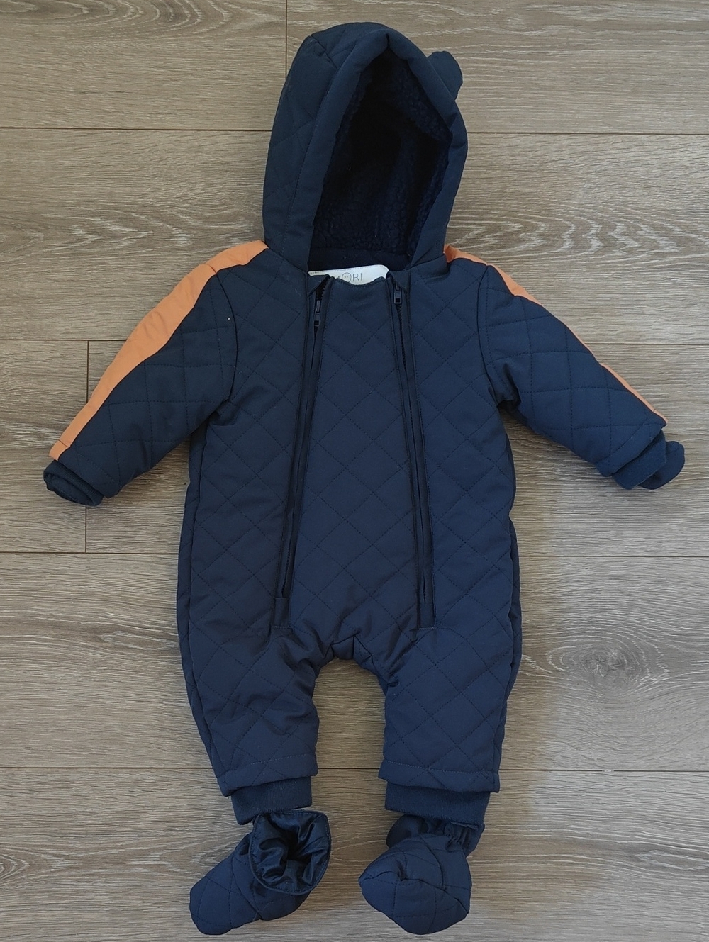 Baby Mori 0-3m Quilted Navy One-Piece Snowsuit with Orange Accents Hooded Ears